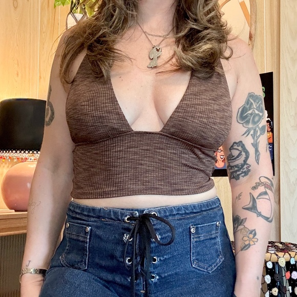 Women's Small Heather Brown Stretch Ribbed Halter Crop Top - Picture 1 of 4